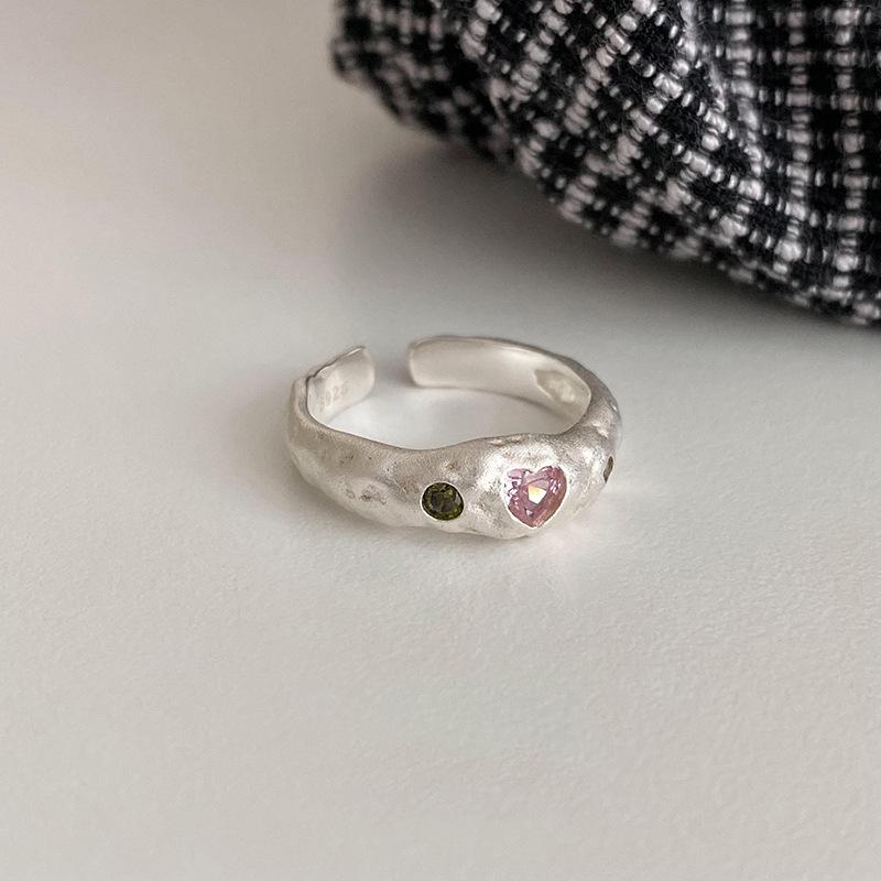 Irregular Textured Stylish Pink Heart Zirconia Ring For Women Adjustable Fashion Accessory