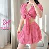 Plaid Control Women's Conservative Slimming Split Swimsuit - Fashionable Tummy Covering Swimwear for Fresh Style.