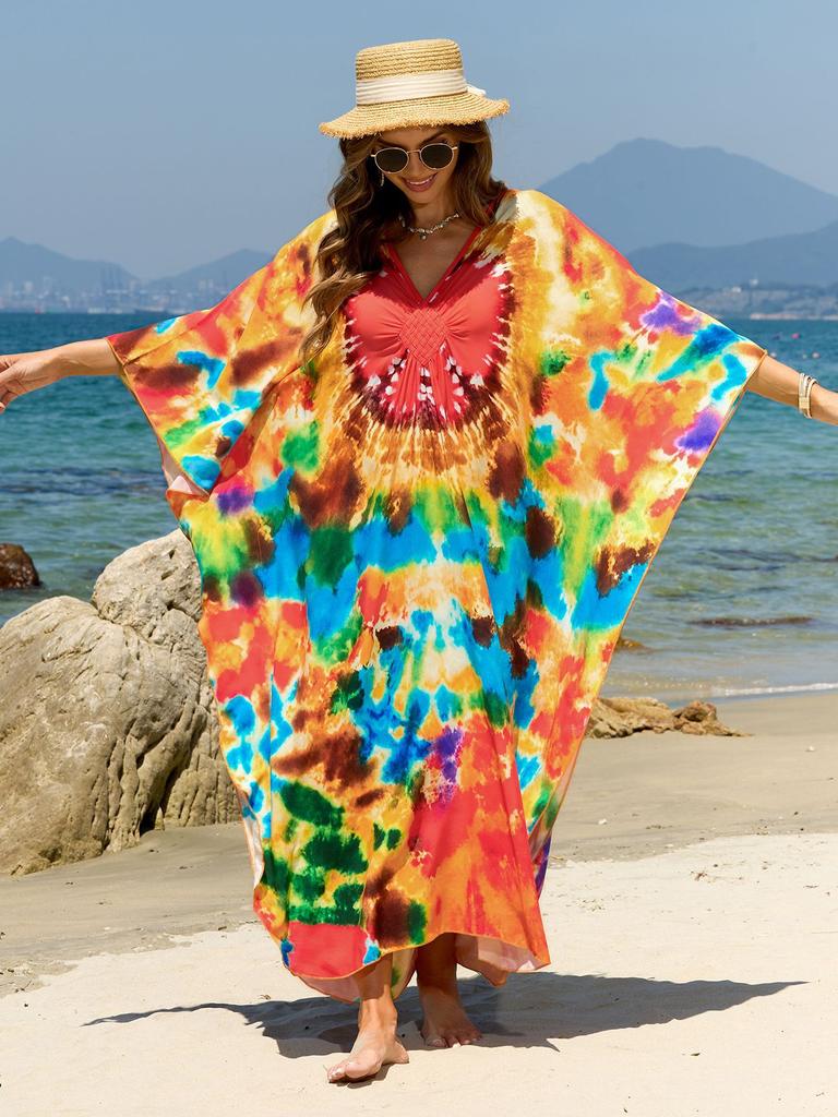 Beach Kaftans for Women Butterfly Printed Plus Size Cover Ups for Swimwear Maxi Dresses Summer Holiday Bathing Suits
