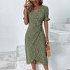 Damen Sommer Freizeitkleid V-Ausschnitt A-Linie Boho Kleines Blumenmuster Ärmel Wickel Saum Kleid