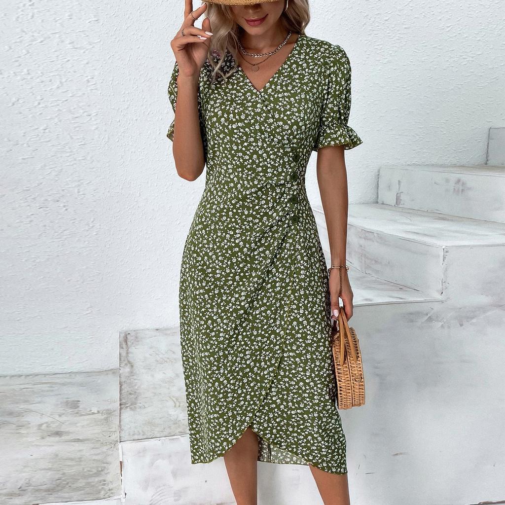 Damen Sommer Freizeitkleid V-Ausschnitt A-Linie Boho Kleines Blumenmuster Ärmel Wickel Saum Kleid