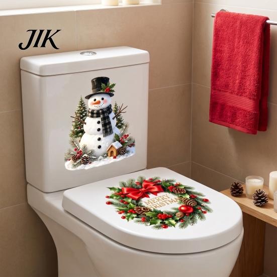 Holiday Bathroom Decor Christmas Snowman Wreath Toilet Sticker, Peel And Stick Seat Cover Decal, Removable Waterproof Lid Wall Sticker for Festive