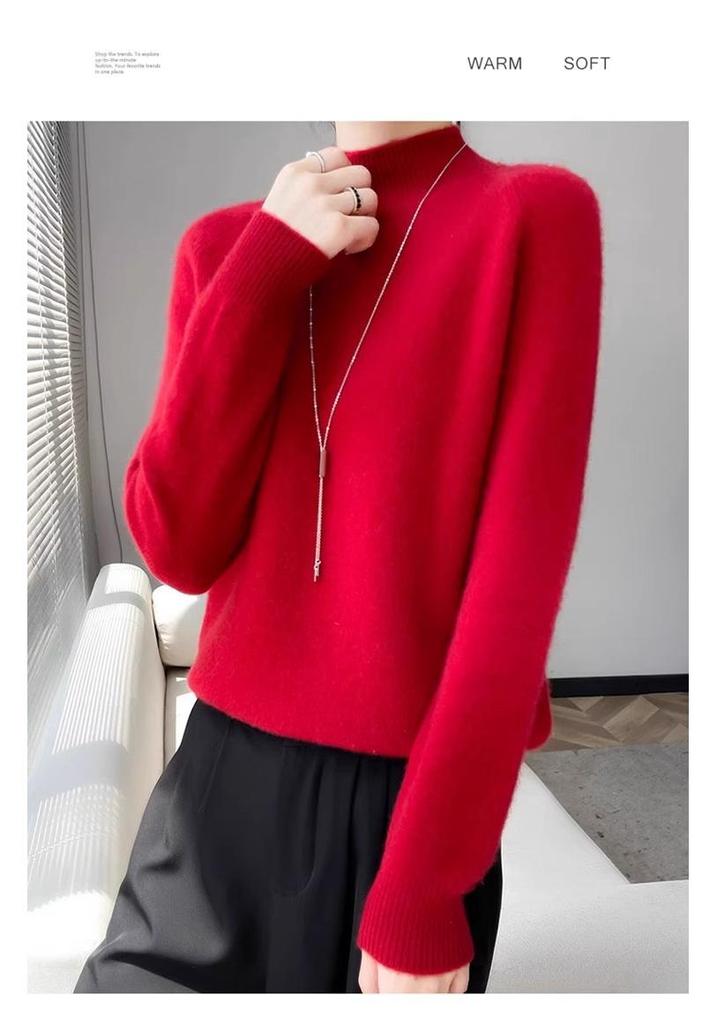 Women's Round Neck Double-Ply Pure Wool Sweater - Thickened Plus Size Solid Color Cashmere Knit Pullover