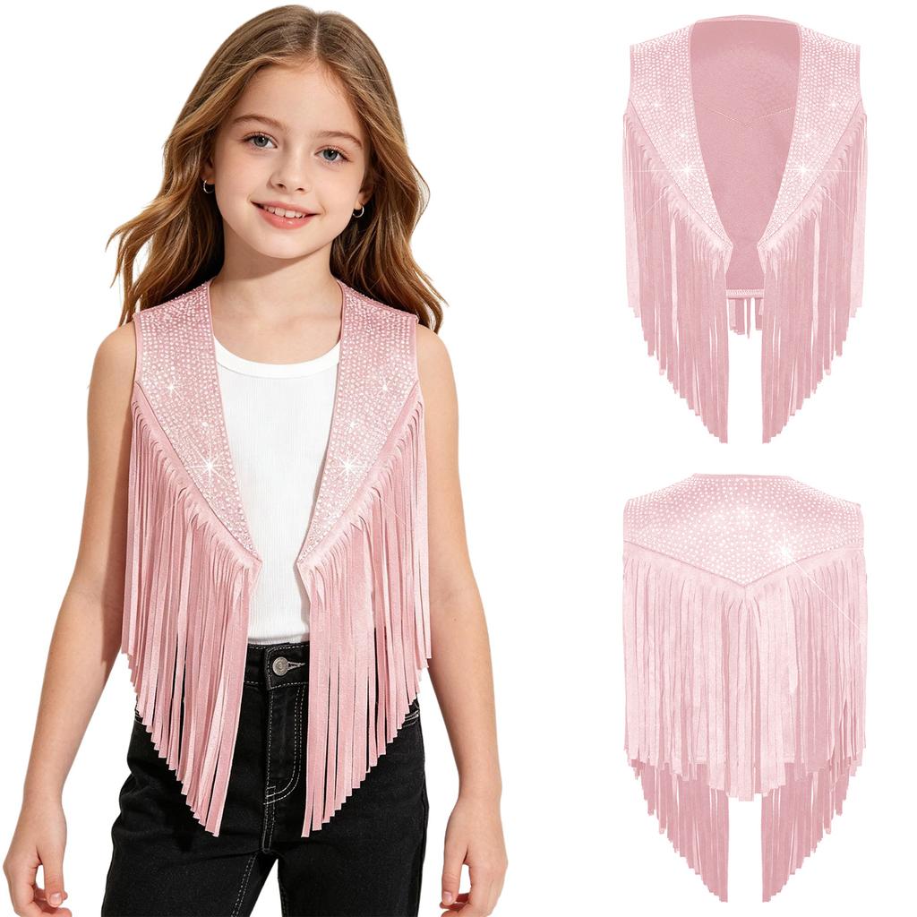 Girls Western Cowgirl Sleeveless Vest Tassel Fringe Sparkly Rhinestone Open Front Waistcoat for Country Music Festival Halloween