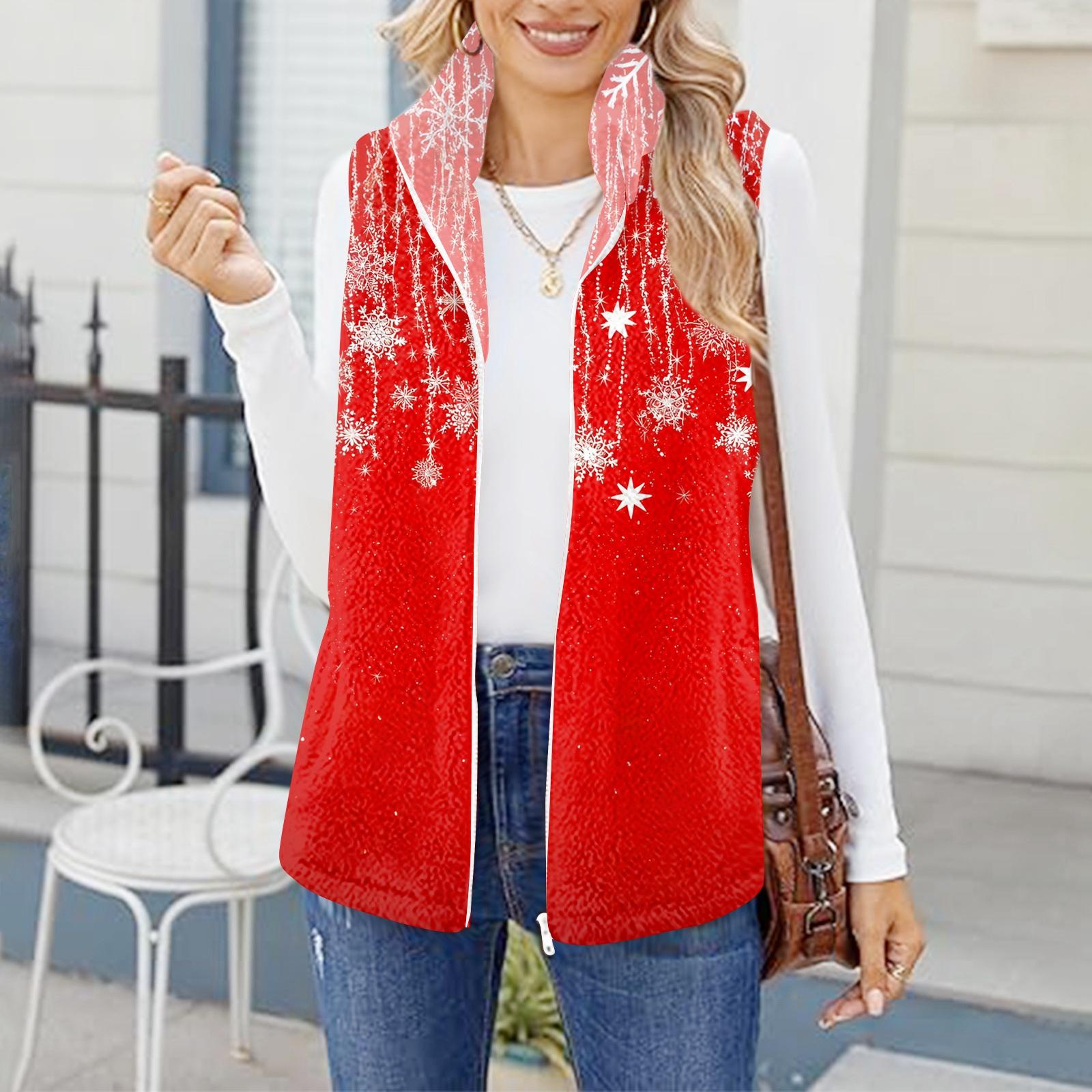 Женский зимний модный и теплый флисовый кардиган-жилет с принтом снежинок XL