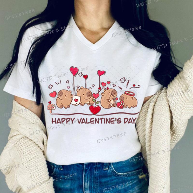 Capybaras Print Women Valentines Day Graphic Tee Tops Vneck Cute Gift for Capybara Lover Happy Valentines Day Casual Tshirts S