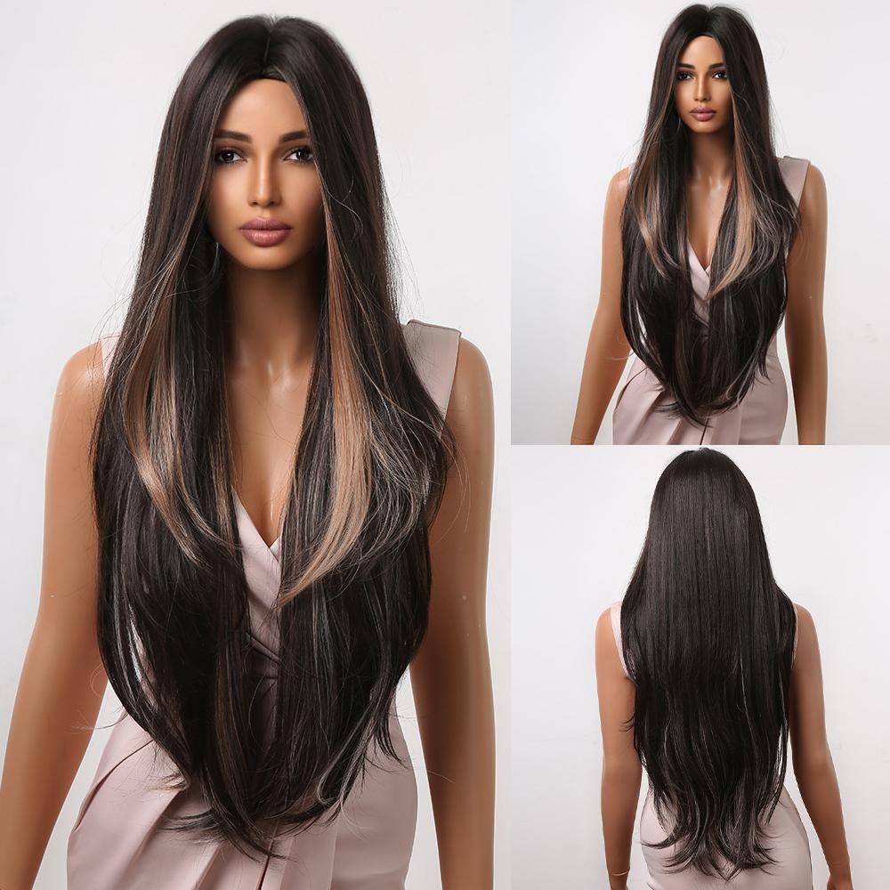 Schwarze lange synthetische Perücken mit Pony, geschichtete, glatte Perücken, hitzebeständig für schwarze Frauen, Afro-Party, Cosplay, natürliche weibliche Perücke