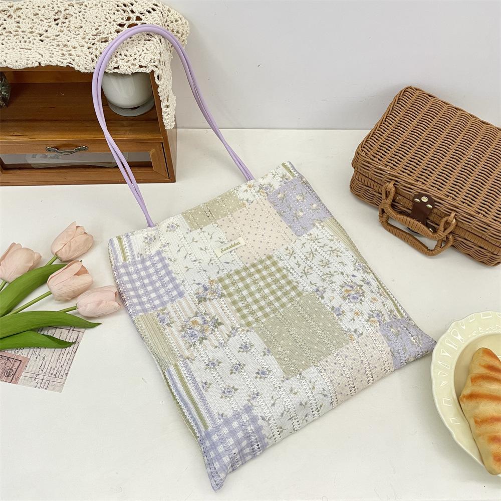 Lazy print sweet plaid shoulder shopping bag leisure commuter canvas bag tote bag