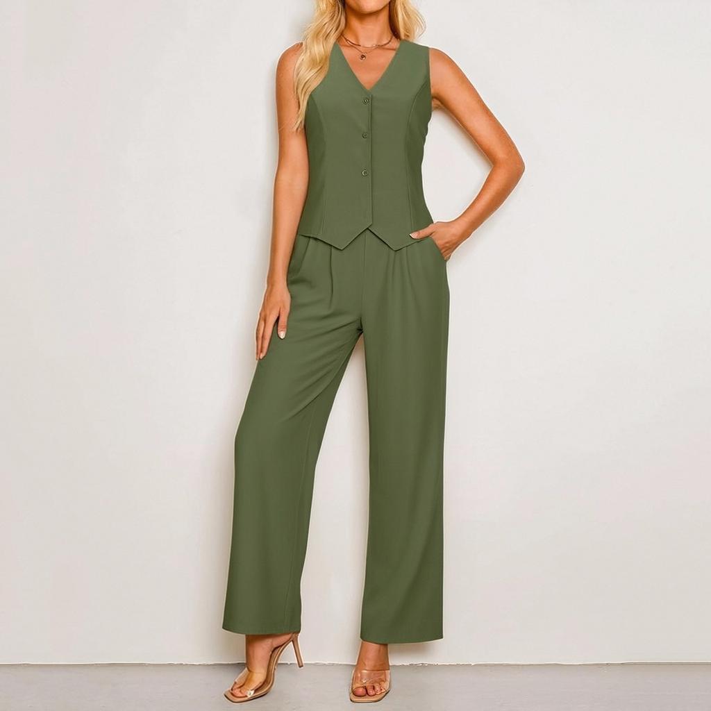 Women's Casual Summer Linen Two-Piece Sleeveless Top High Waist Trousers Beach Vacation Set