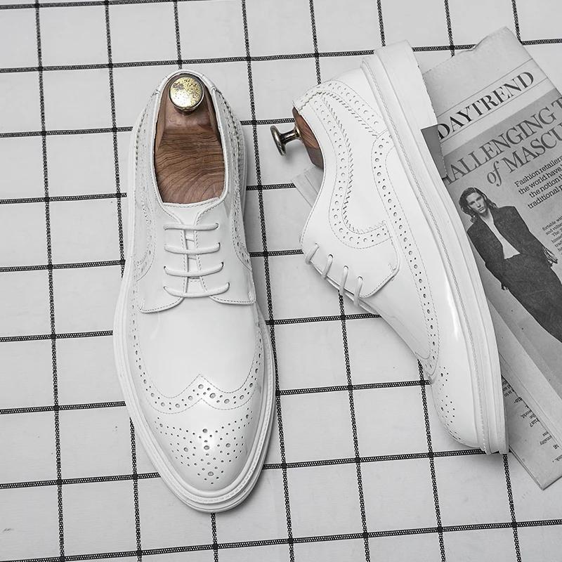 Fashion White Oxford Shoes Men's Lace-up Business Leather Shoes British Style Fashion Brogues Shoes Slip on Low-heeled Mens Dress Shoe