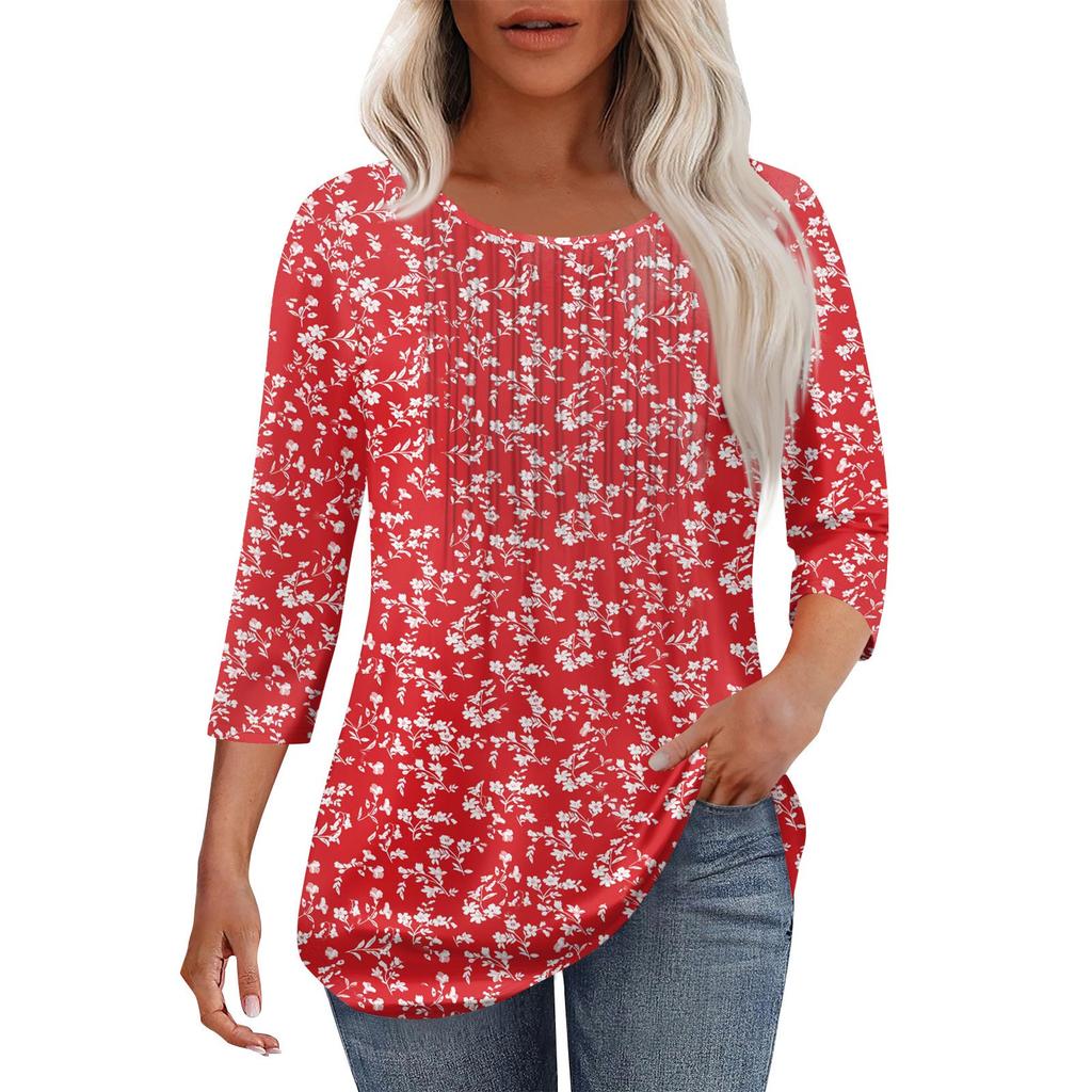 Women's Fashionable Casual Pleated Round Neck Casual Floral Print Seven Quarter Sleeved T-shirt Top