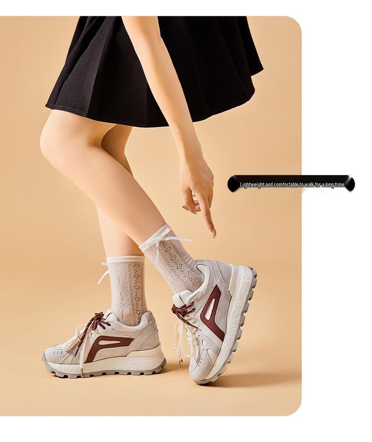 Genuine Leather 8CM Invisible Height Increasing Women's Retro Color Block Thick Sole Sports Shoes - Autumn 2025 Collection