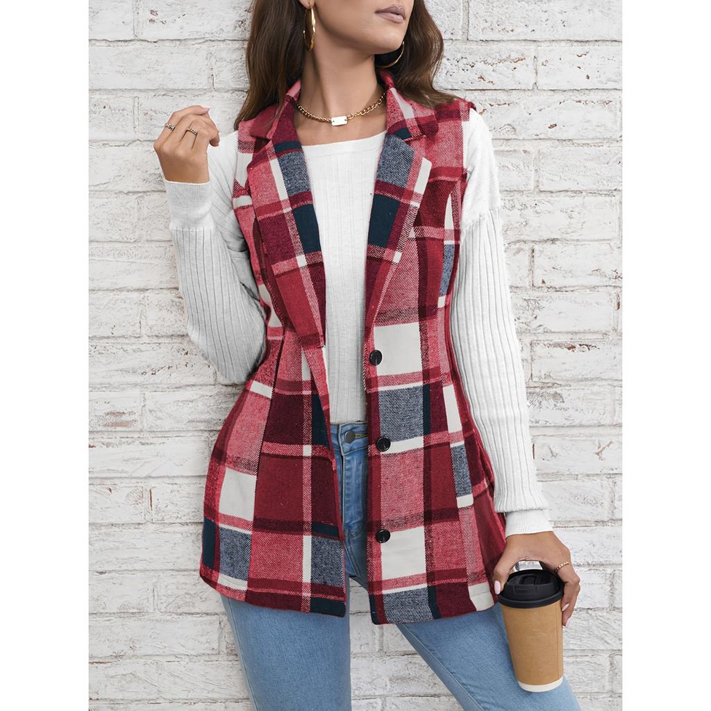 GMXIA Women's Vintage Casual Plaid Print Autumn Winter Sleeveless POLO Neck Jackets & Coats