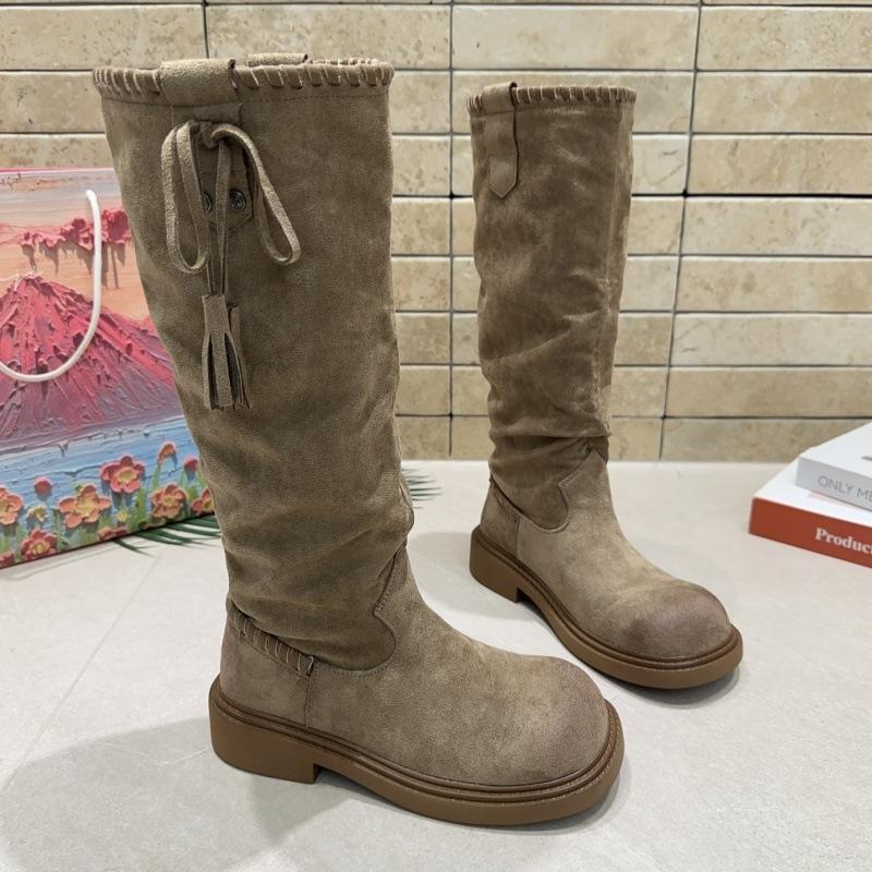 Retro thick-soled stacking boots brown Maillard boots children's new summer and autumn western cowboy tall knight boots