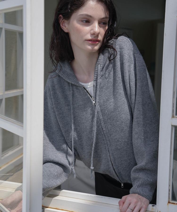 DEHEVE Two-Way Hood Zip-Up Knit [Gray]