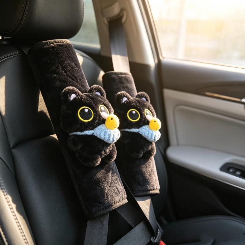 Black Cat Plush Car Seat Belt Cover Comfortable Soft Fabric Universal Fit for Adult Kid Car Interior Decor Daily Use
