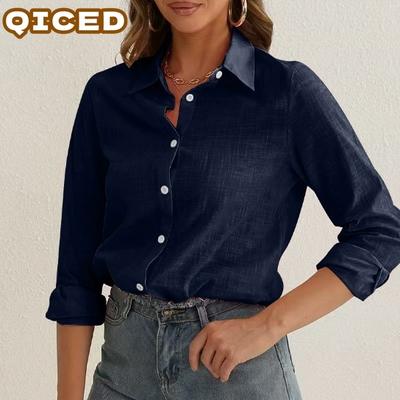 Women's Fashion Casual Solid Color Print Long Sleeve POLO Neck Blouses & Shirts Unique Design