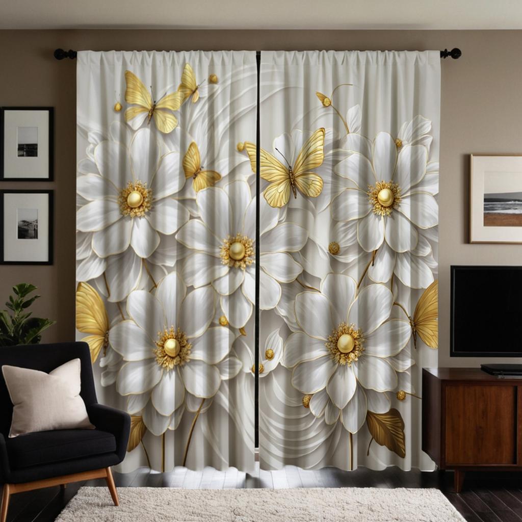 2-piece HD Digital White Tie Gold Butterfly Flower Curtain Home Decoration Style Decoration Living Room Bedroom Wear Rod Curtain