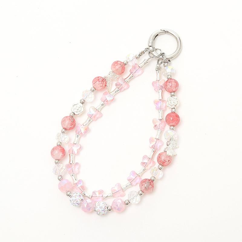 

Butterfly Double Layer Chain Phone Lanyard Beaded Phone Chain Phone Case Pendant Wrist Strap Keychain Camera Charm розовый