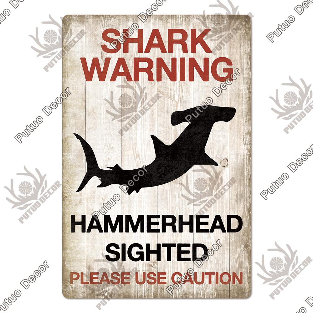 Putuo Decor Shark Sign Metal Signs Vintage Tin Sign Funny Warning Movie Poster for Bar Pub Kitchen Club Man Cave Wall Decoration