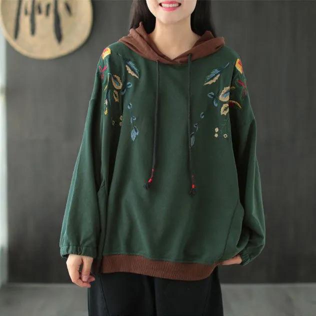 Spring and Autumn Fashion Ethnic Embroidery Hooded Panel Retro Literary Temperament Commuter Women's Pocket Sweater