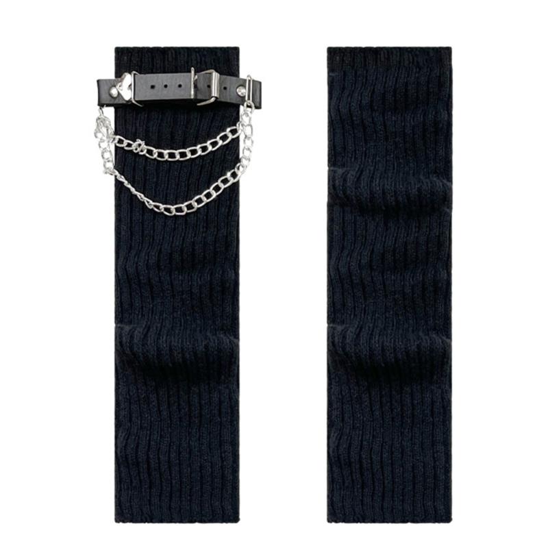 Ribbed Knitted Boot Toppers Covers with Heart Chain Leather Belt Harajuku Gothic Punk Leg Warmers Scrunch Long Socks
