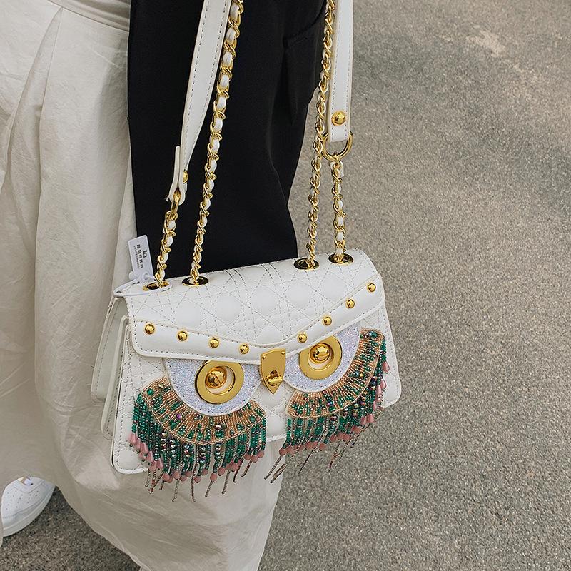 Smaak dames tas gepersonaliseerde diamant vierkante tas trend 2025 nieuwe mode uil schoudertas met franjes tas