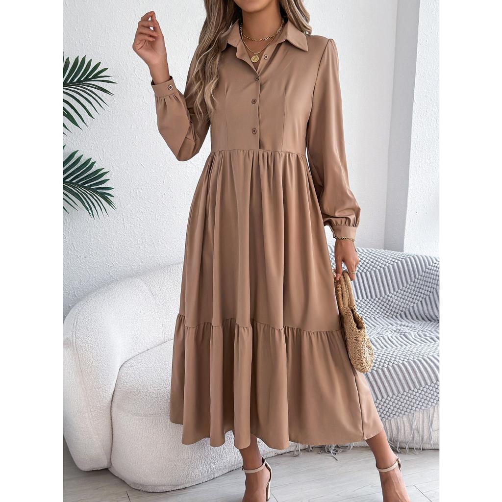 GMXIA Autumn and Winter Lapel Casual Loose Long-sleeved Ruffled Shirt Dress for Women