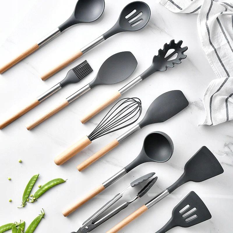 Knife Block Set + Silicone Kitchen Utensil Set 19 Pcs Black
