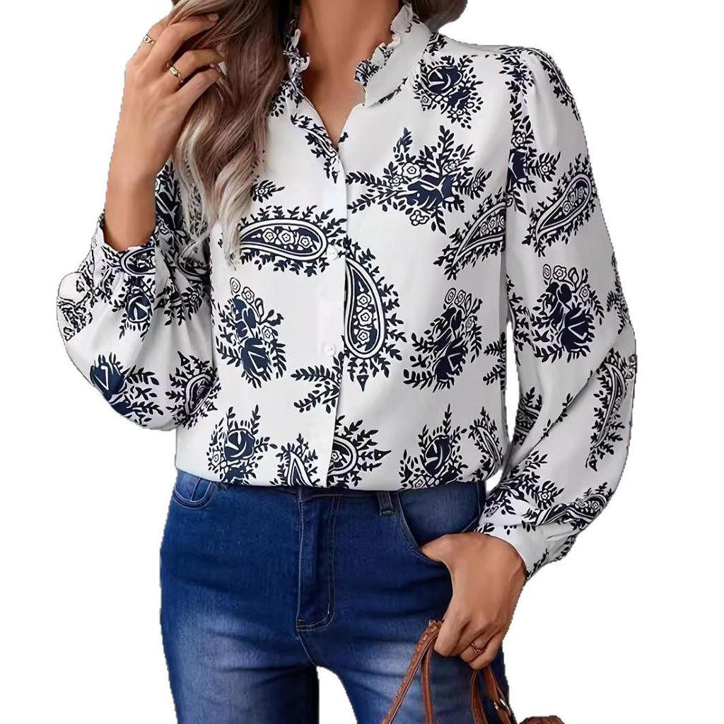 2026 Floral Print Women's Shirt: Elegant Stand Collar, Casual Fashion for Spring/Autumn.