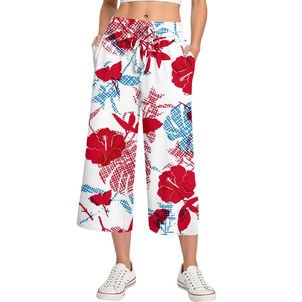 Damen Sommer Hohe Taille Bedruckte Freizeit-Sportbekleidung Lässige Cropped-Hose Weite Hose