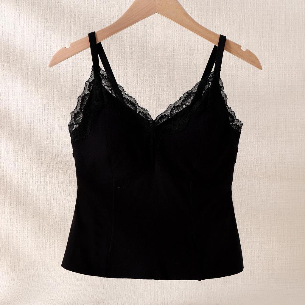 White-Enhancing V-Neck Lace Warm Camisole with Chest Pads - Women's Autumn/Winter Base Layer