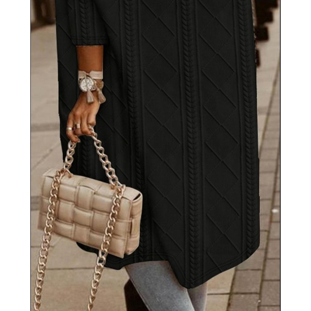 Dámský ležérní dlouhý kardigan s kapucí a kapsami - béžový, kulatý výstřih, dlouhý rukáv, podzimní/zimní móda, vrstvení, mikina svetr