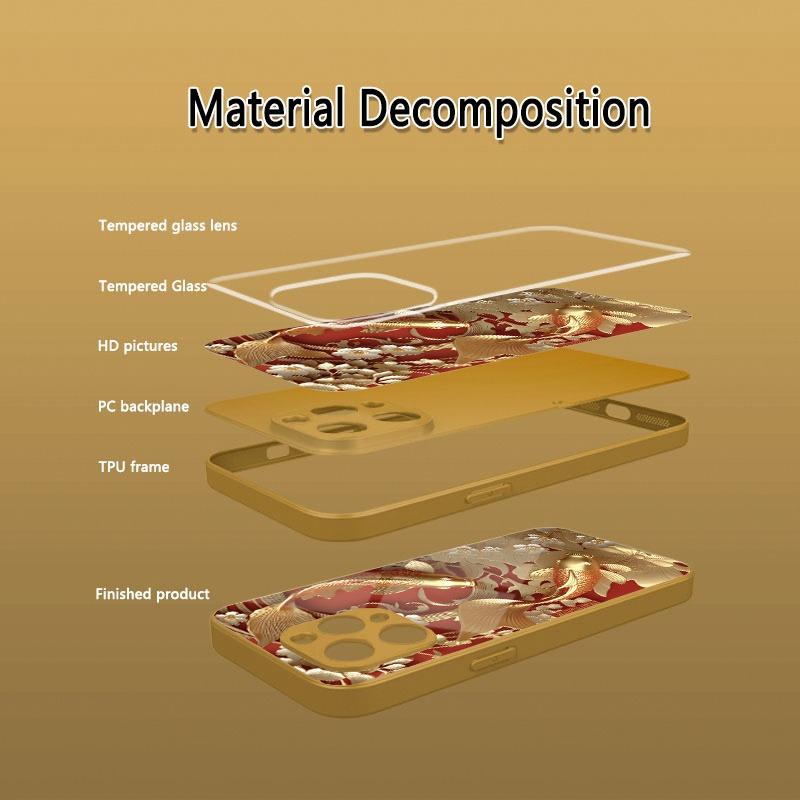Red Gold Koi Pattern Gold Metallic Paint Glass Phone Case For iPhone 17 Pro Max 11 12 13 14 15 16 Pro 14 Plus 17 Air 16E Cover
