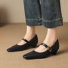 Krazing Pot Microfiber Square Toe Thick Med Heels Spring Summer Shoes Big Size 43 Metal Buckle Women Office Lady Pumps
