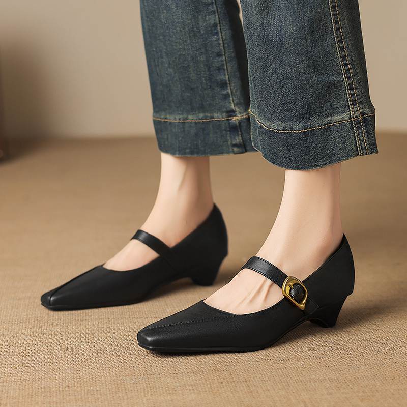 Krazing Pot Microfiber Square Toe Thick Med Heels Spring Summer Shoes Big Size 43 Metal Buckle Women Office Lady Pumps