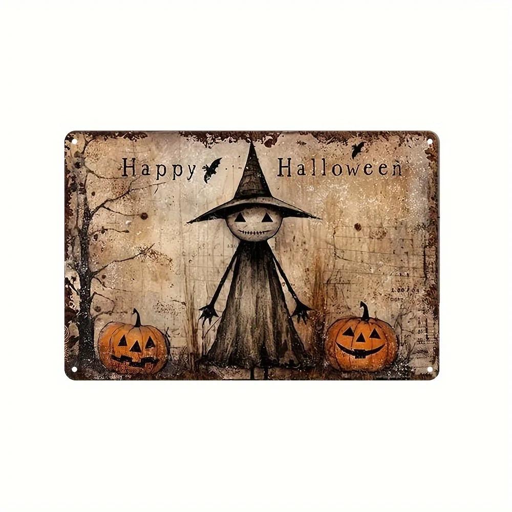 

Винтажные украшения на Хэллоуин. Алюминиевая вывеска в деревенском стиле с милой, но страшной ведьмой и тыквами, идеально подходящая для вашего фермерского дома. чёрный