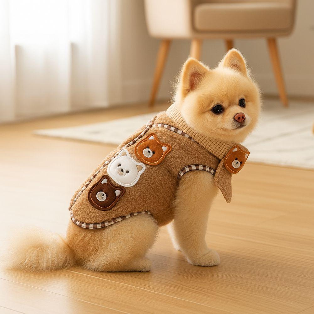 Cartoon Bear Puppy Coat Scarf Set Cotton Warm Autumn Winter Puppy Clothes Comfortable Double-faced Pile Dog Vest Jacket
