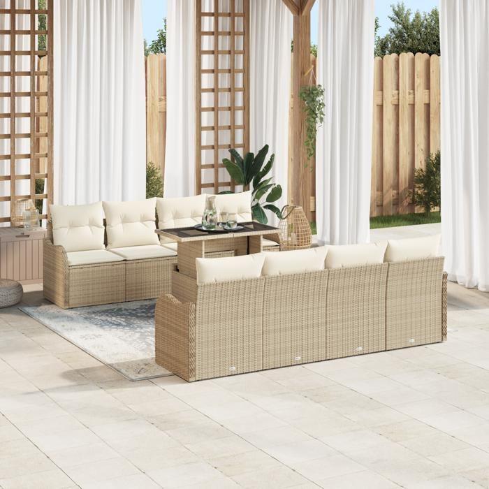 Ensemble de 9 pièces de canapé de jardin vidaXL avec coussins en poly rotin beige, Canapé de jardin 2 places vidaXL348427