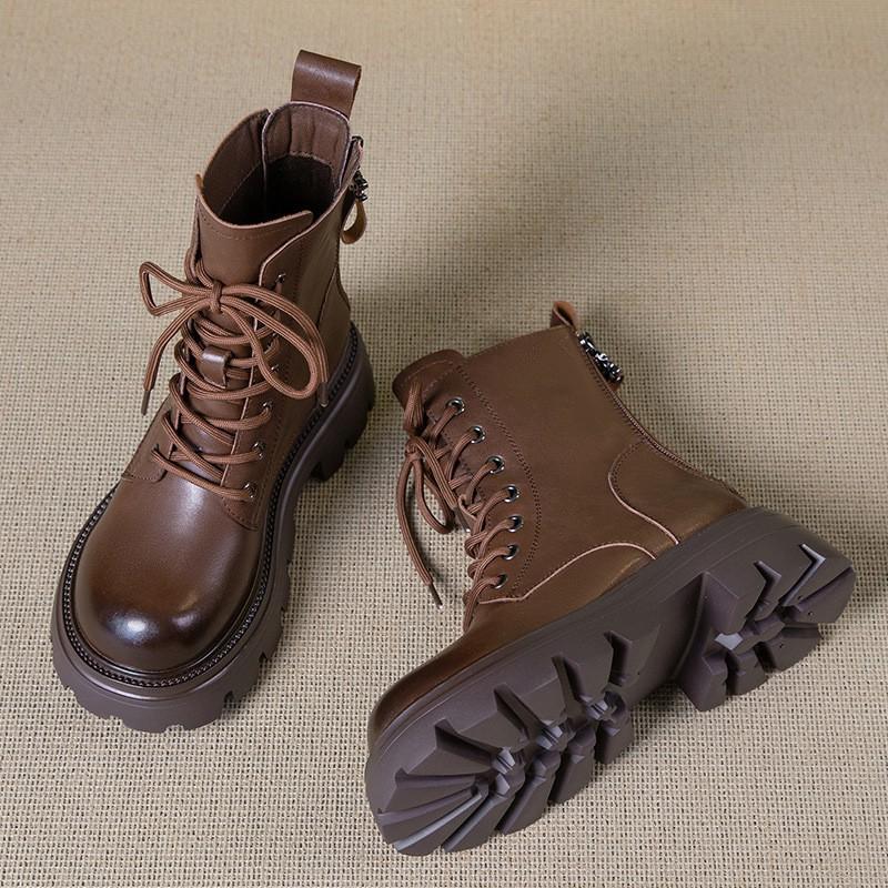 Womens Chunky Sole Chelsea Boots With Zipper Back Lace-Up Front Classic British Style Ankle Winter