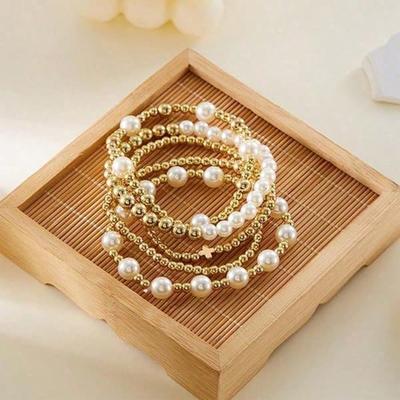5-Piece Gold-Tone Beaded Bracelet Set with Faux Pearls, Stackable for Daily Wear