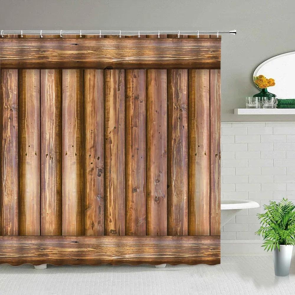 Retro Wood Doors Shower Curtain Set Rustic Old Vintage Barn Door Fabric Bathroom Curtains Farmhouse Bath Decor Bath Screens Hook