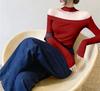 Plus Image Long Sleeve Strap Shoulder Knit Size F Women's Top, Blue,
