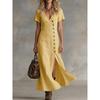 Summer Spring Cotton Linen Midi Dress, Casual Fashion Short Sleeve Button Dress for Women, European American Style Wholesale