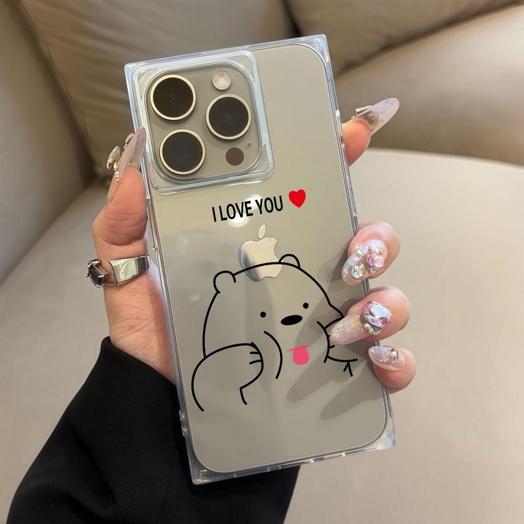Clear Square Back Tube Case Protection For iPhone 13 11 14 Pro Max 15 Plus 16 ProMax 12 Anti-Oxygen,Cute Bear Pattern Casing
