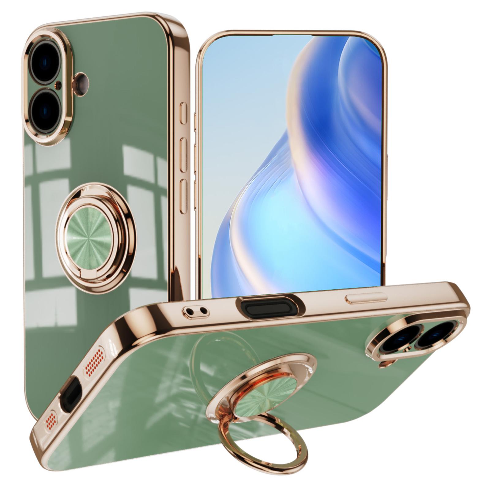 

For iPhone 16 Plus Case Precise Cutouts 6D Electroplating TPU Phone Cover with Ring Holder Green