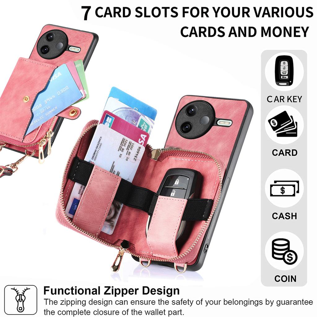For Xiaomi Poco F7 Pro 5G/Xiaomi Redmi K80 5G PU Leather Phone Back Cover with Zipper Card Holder and Long Strap