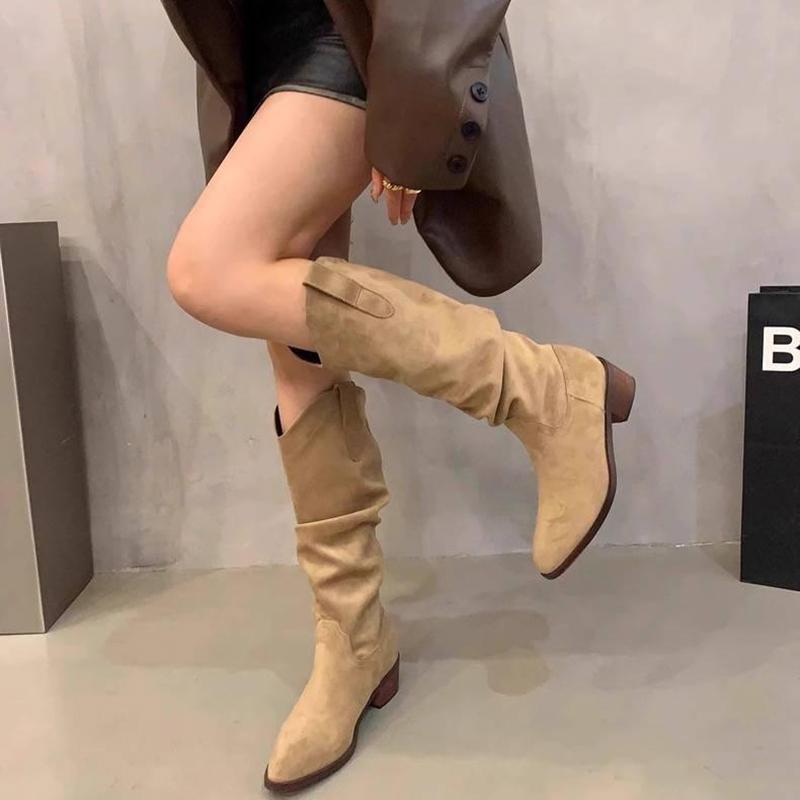 Fashion Autumn Winter Vintage Woman Knight Knee High Boots Shoes Ladies Concise Slip On Western Cowboy Botas