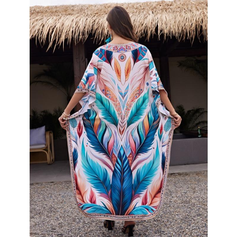 Damenmode Sommer Frühling Farbblockdruck 1/2 Ärmel V-Ausschnitt Lose Taille Freizeitkleider