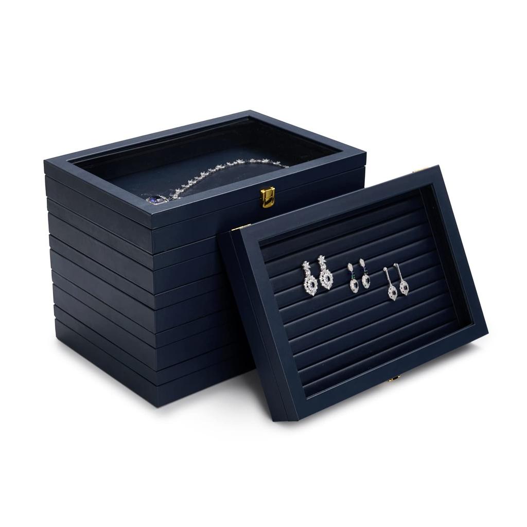 Papten Jewelry Tray with PU No Necklace Display and X05601 Lid, Leather, Dividers, Ring, Watch, Storage, Transparent, Portable, Luxury, Stylish,